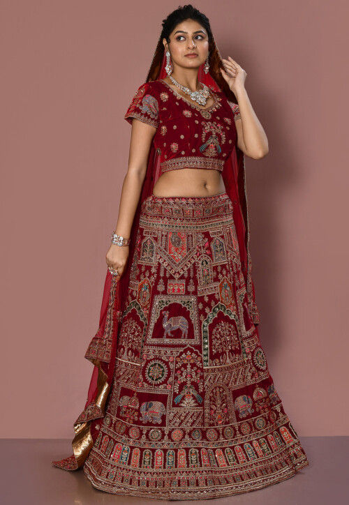 Embroidered Velvet Lehenga in Maroon