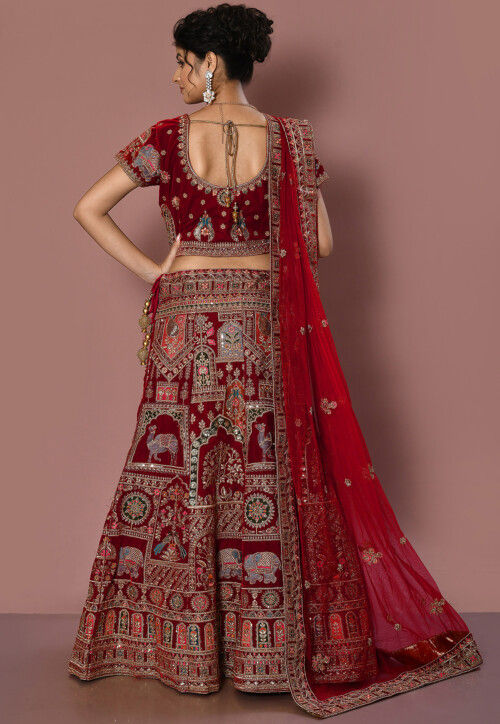 Embroidered Velvet Lehenga in Maroon