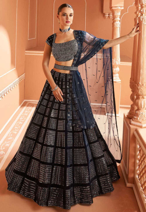 Embroidered Velvet Lehenga in Navy Blue