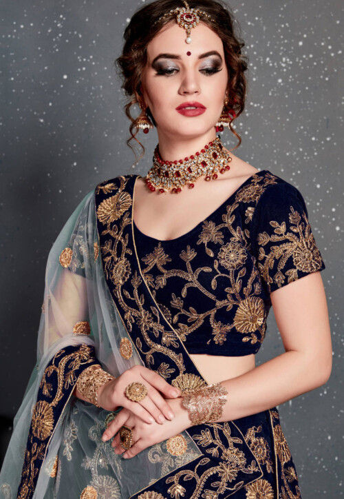 Buy Embroidered Velvet Lehenga in Navy Blue Online : LCC3430 - Utsav ...