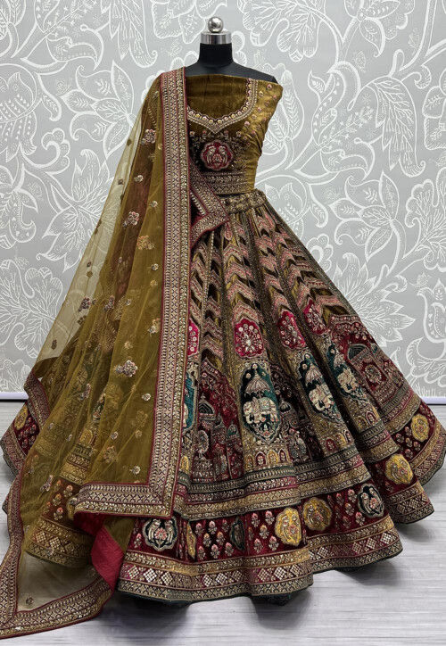 OLIVE GREEN HEAVY EMBROIDERED DESIGNER LEHENGA – Zaribanaras global