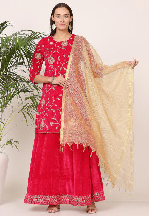 Embroidered Velvet Lehenga in Pink