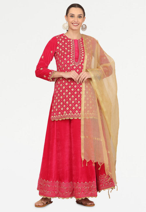 Embroidered Velvet Lehenga in Pink