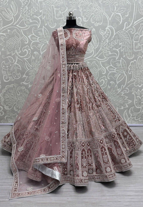 Embroidered Velvet Lehenga in Pink