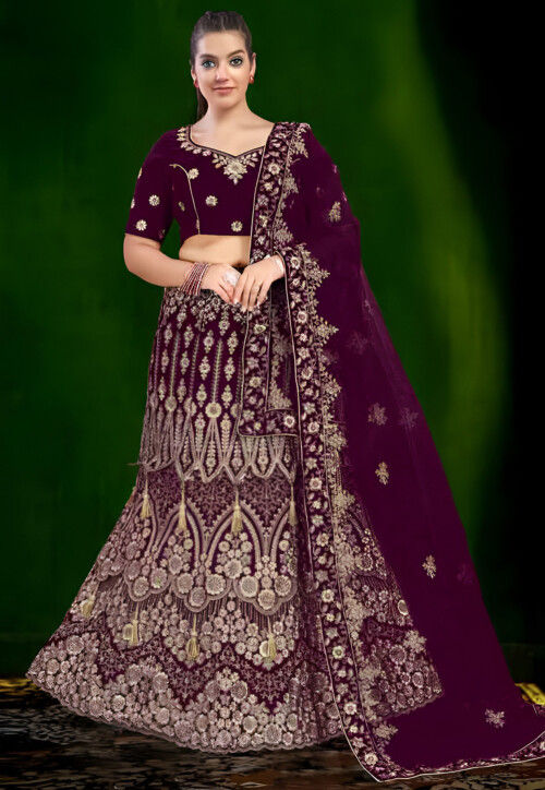 Buy Embroidered Velvet Lehenga in Purple Online LSG273 Utsav