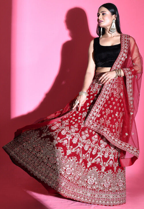 Embroidered Velvet Lehenga in Red