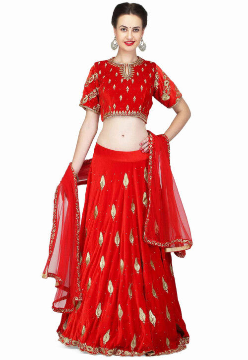 Embroidered Velvet Lehenga in Red