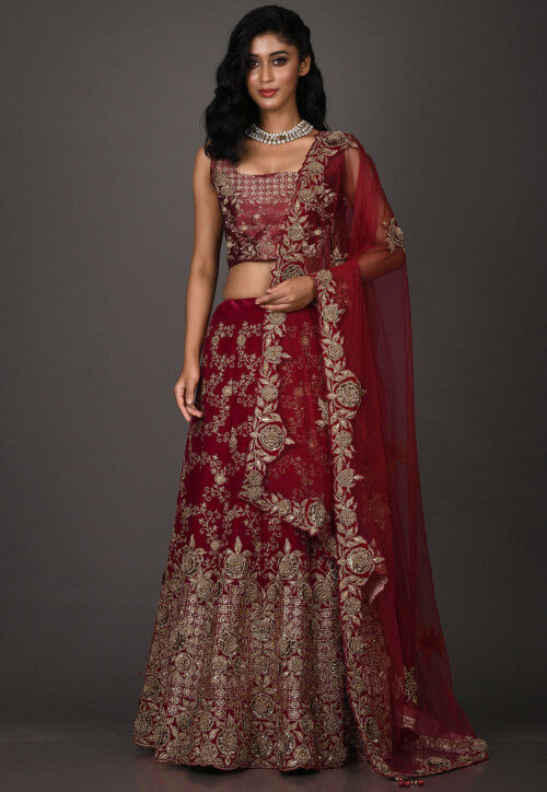 Embroidered Velvet Lehenga in Red