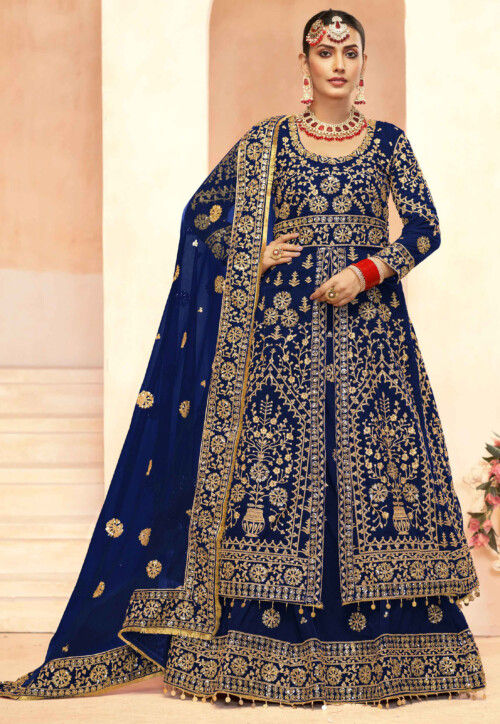 Embroidered Velvet Lehenga in Royal Blue