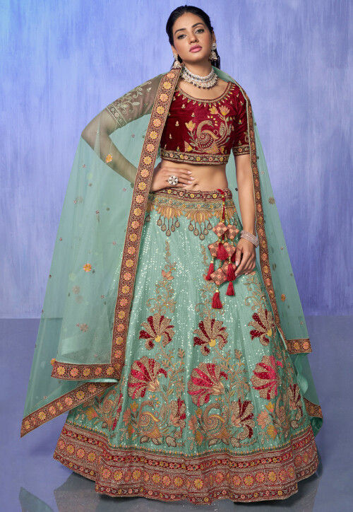 Embroidered Velvet Lehenga in Sea Green