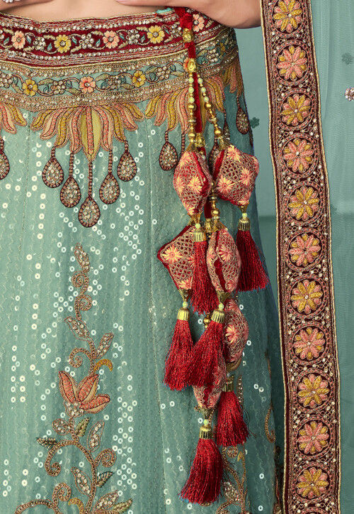Embroidered Velvet Lehenga in Sea Green