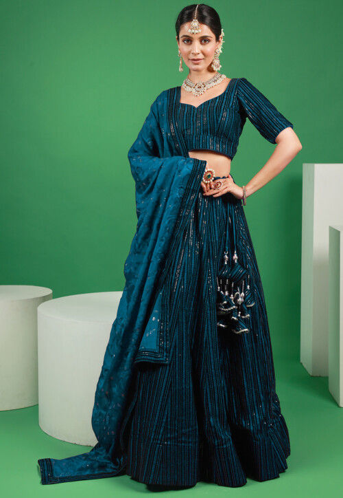 Embroidered Velvet Lehenga in Teal Blue
