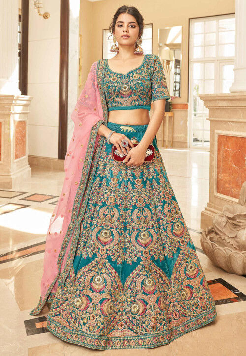 Embroidered Velvet Lehenga in Teal Green