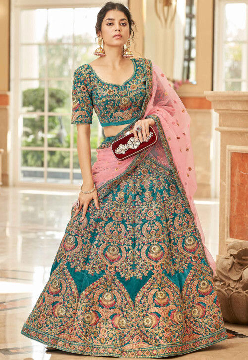 Embroidered Velvet Lehenga in Teal Green