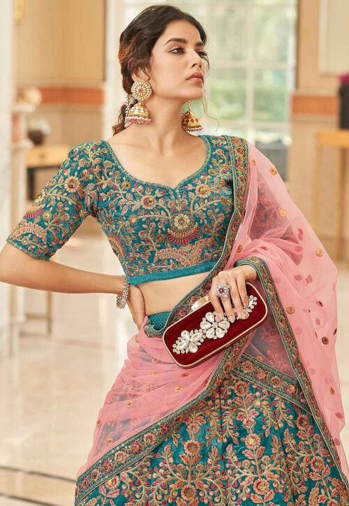 Embroidered Velvet Lehenga in Teal Green