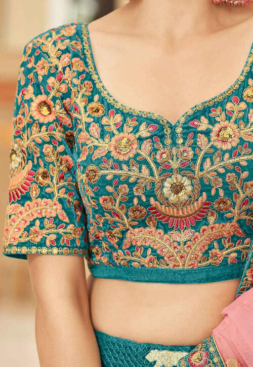 Embroidered Velvet Lehenga in Teal Green
