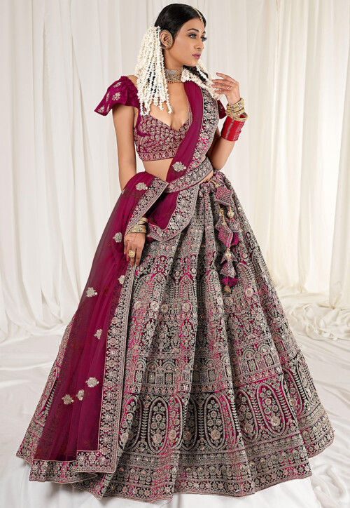 Pure Micro Velvet Wedding Wear Lehenga In Wine Color With Embroidery Work &  Stone Work - Lehenga