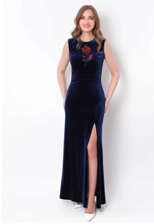 Embroidered Velvet Maxi Dress in Navy Blue
