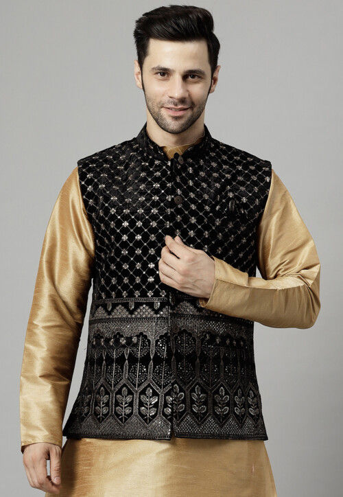 Embroidered Velvet Nehru Jacket in Black