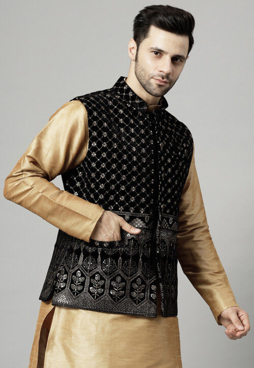 Embroidered Velvet Nehru Jacket in Black