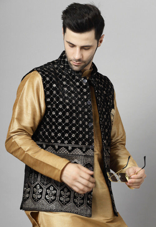 Embroidered Velvet Nehru Jacket in Black