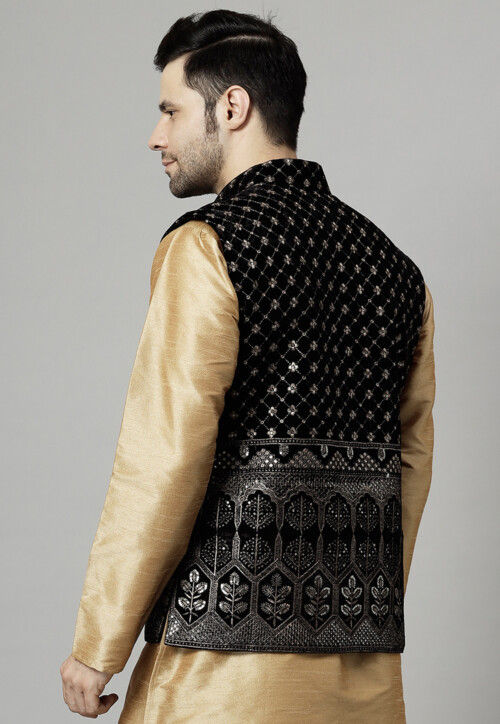 Embroidered Velvet Nehru Jacket in Black