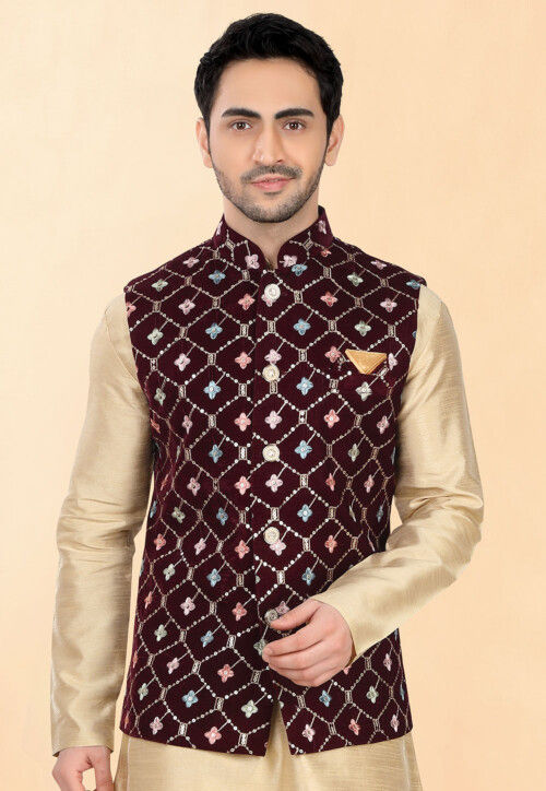 Embroidered Velvet Nehru Jacket in Maroon