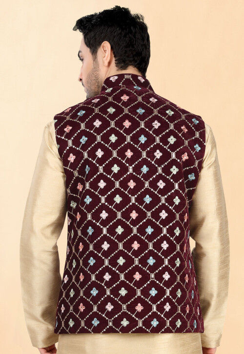 Embroidered Velvet Nehru Jacket in Maroon