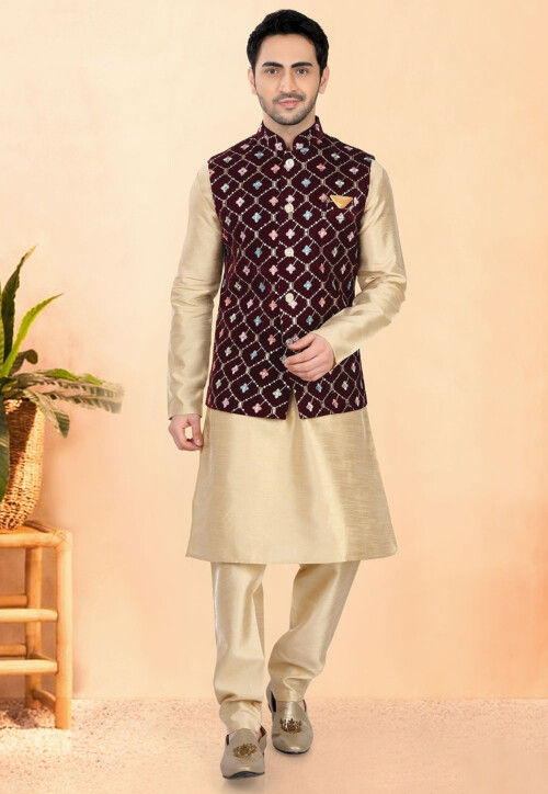 Embroidered Velvet Nehru Jacket in Maroon