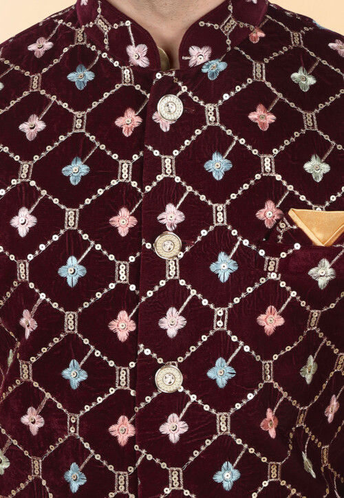 Embroidered Velvet Nehru Jacket in Maroon