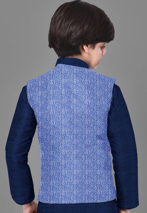 Embroidered Velvet Nehru Jacket in Sky Blue