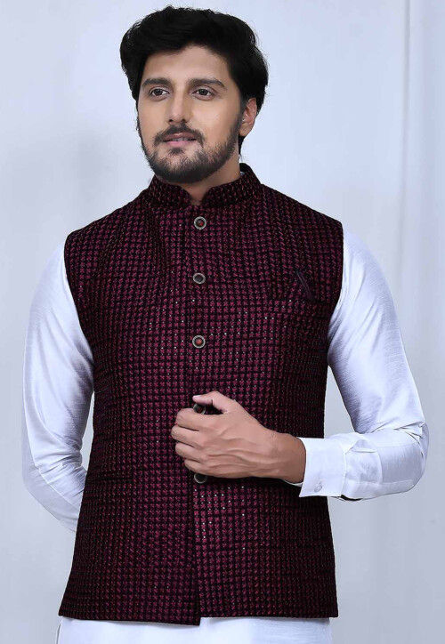 Embroidered Velvet Nehru Jacket in Wine MTX2943