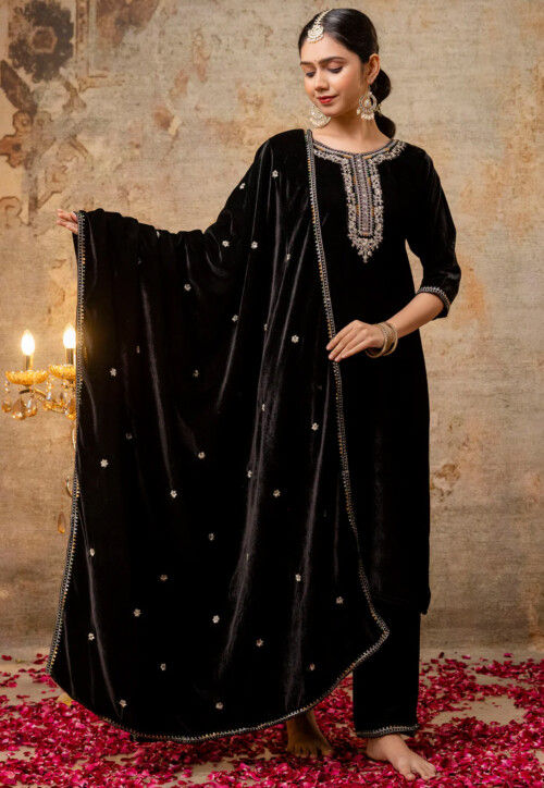 Embroidered Velvet Pakistani Suit in Black