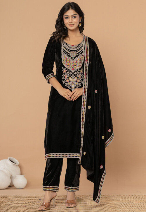 Embroidered Velvet Pakistani Suit in Black