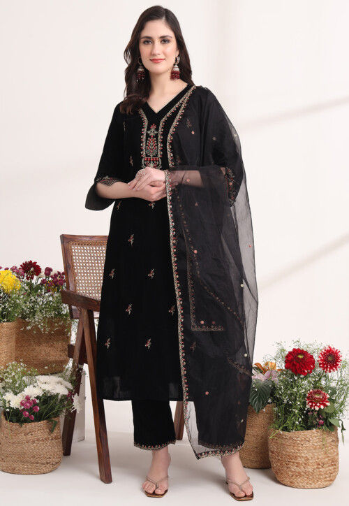 Embroidered Velvet Pakistani Suit in Black