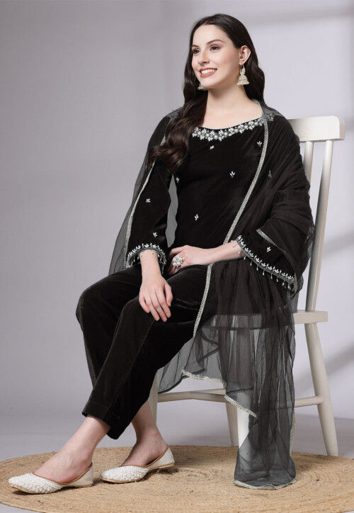 Embroidered Velvet Pakistani Suit in Black