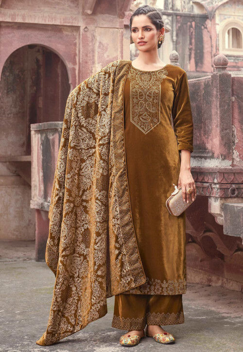 Buy Embroidered Velvet Pakistani Suit in Brown Online KVG411 Utsav Fashion