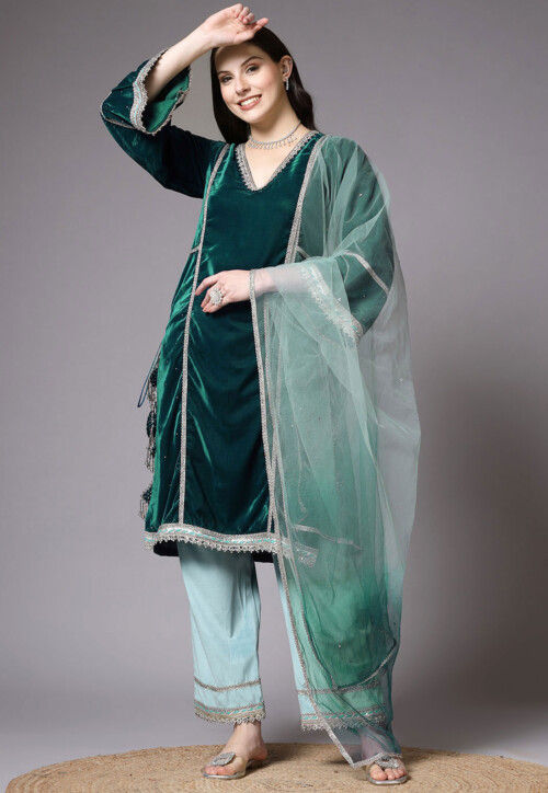 Embroidered Velvet Pakistani Suit in Dark Green