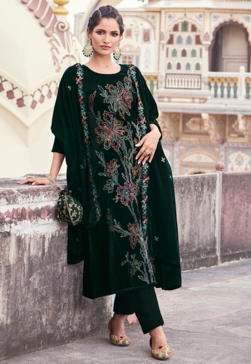 Embroidered Velvet Pakistani Suit in Dark Green