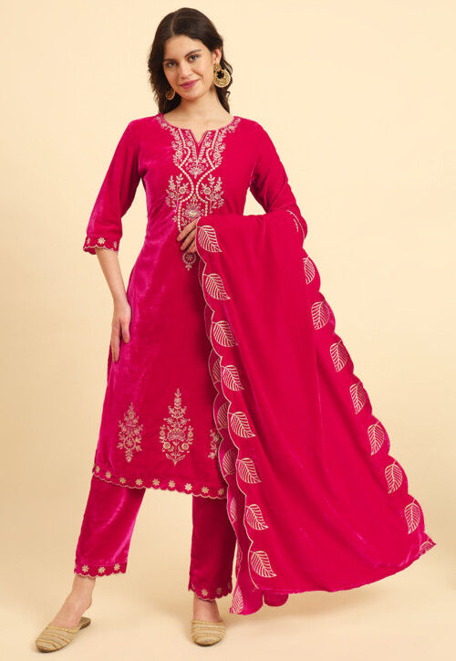 Embroidered Velvet Pakistani Suit in Fuchsia
