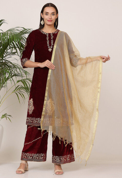 Embroidered Velvet Pakistani Suit in Maroon