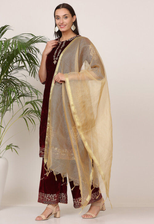 Embroidered Velvet Pakistani Suit in Maroon