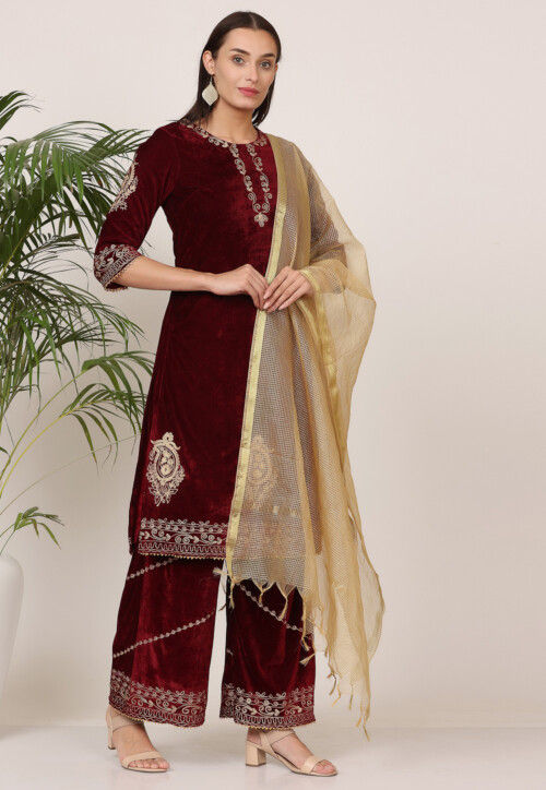 Embroidered Velvet Pakistani Suit in Maroon