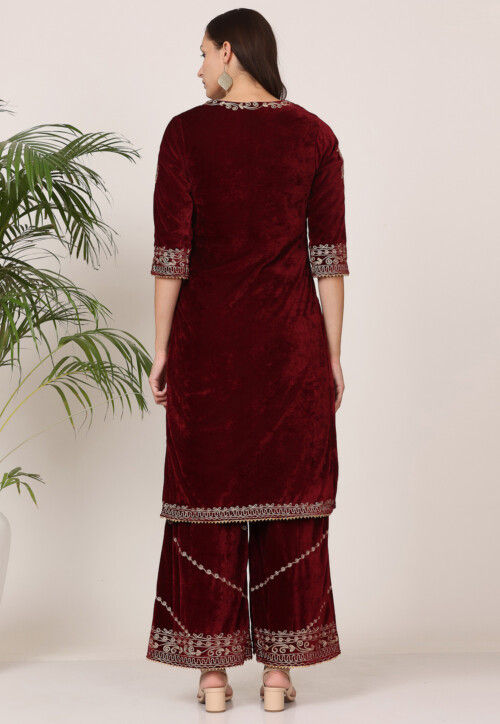 Embroidered Velvet Pakistani Suit in Maroon