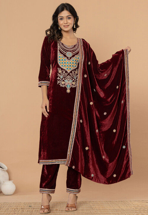 Embroidered Velvet Pakistani Suit in Maroon