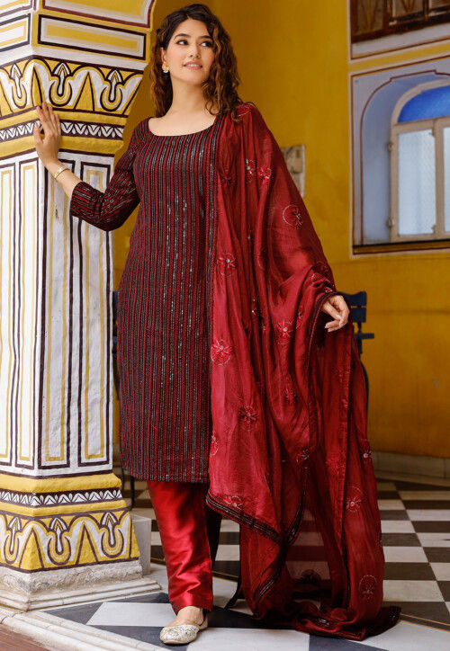 Embroidered Velvet Pakistani Suit in Maroon