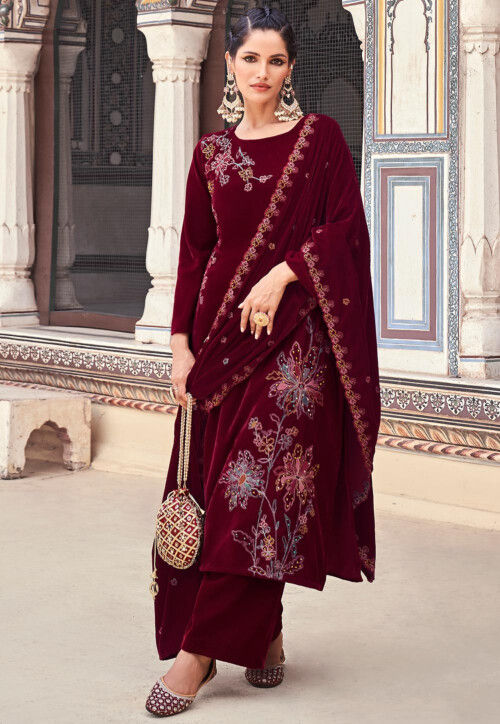 Salwar Kameez Red Velvet Suit Ladies Buy Embroidered Velvet
