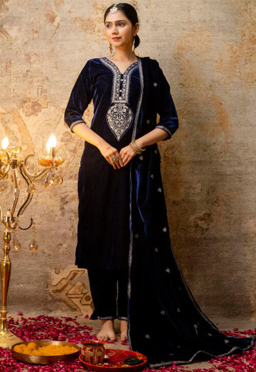 Embroidered Velvet Pakistani Suit in Navy Blue