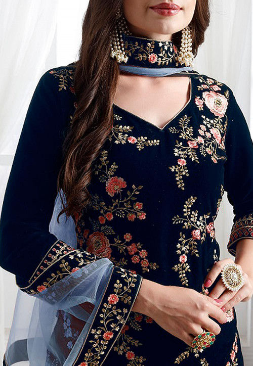 Buy Embroidered Velvet Pakistani Suit in Navy Blue Online KCH4371