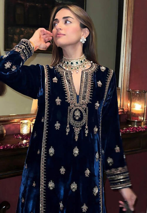 Buy Embroidered Velvet Pakistani Suit in Navy Blue Online : KJC3436 ...